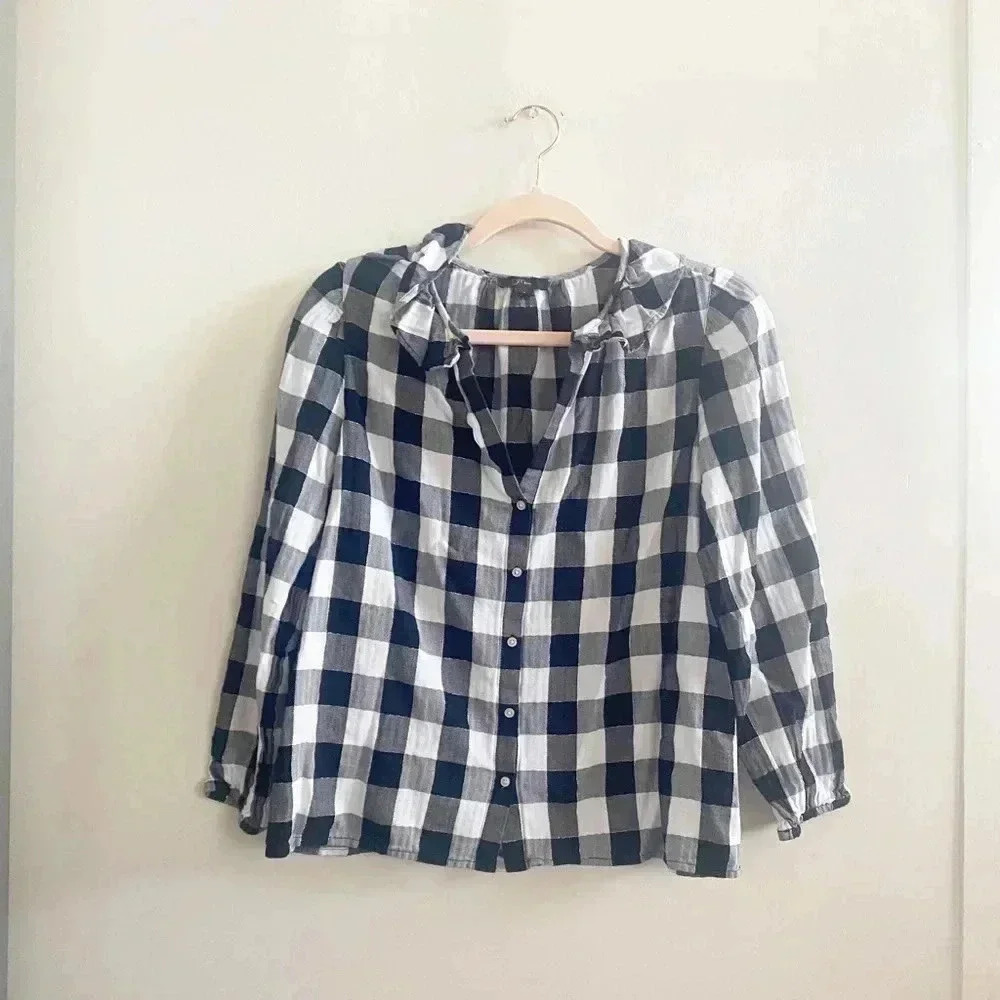 J.Crew gingham ruffle blouse small‎